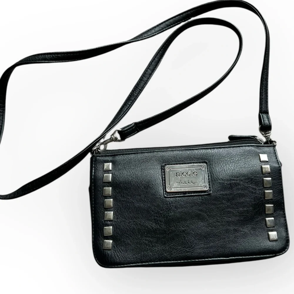 Nicole Miller Black and Silver Crossbody Bag with Stud Detailing - Picture 1 of 5